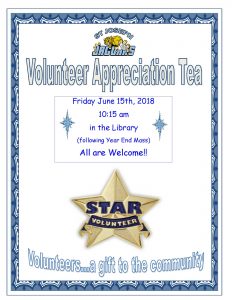 Volunteer Appreciation Tea Friday, June 15 at 10:30 am